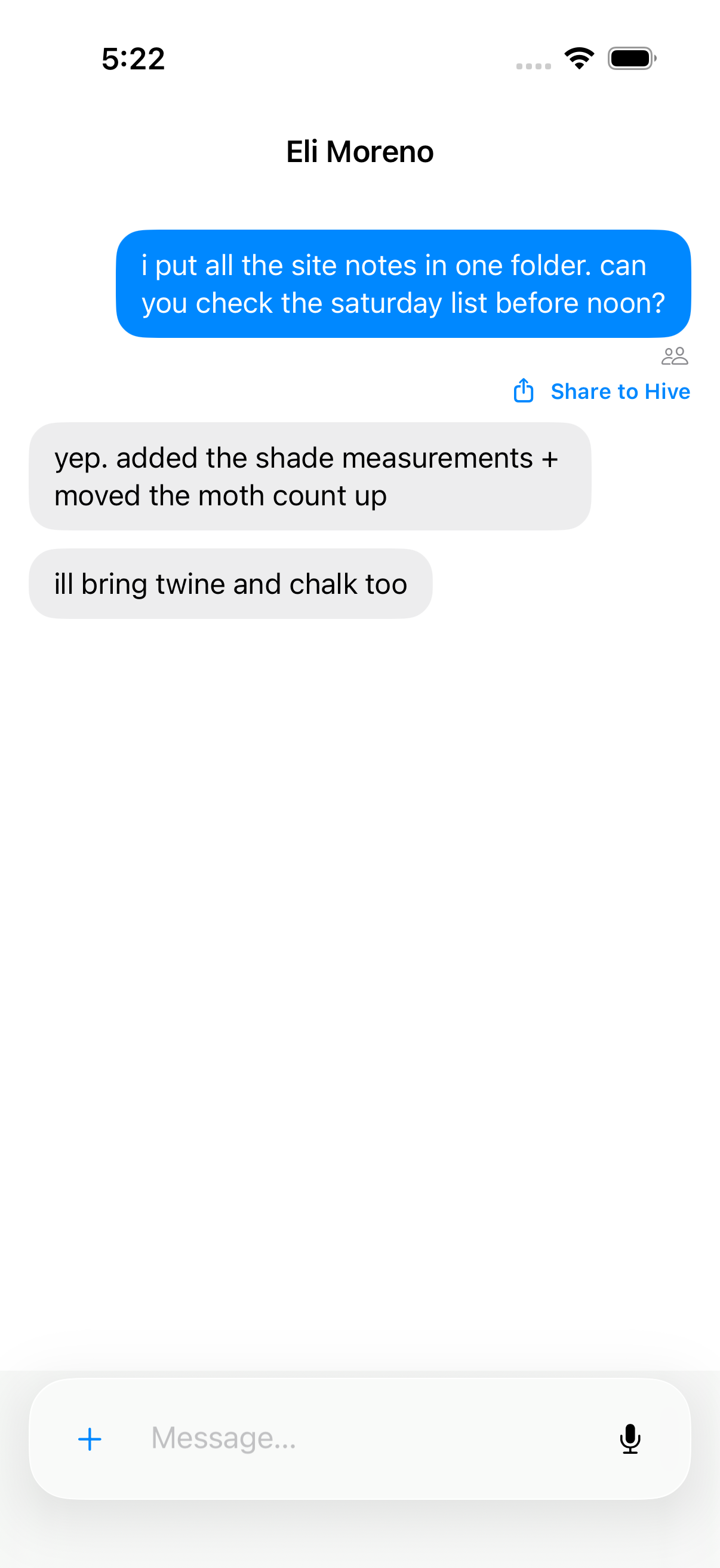 Maya and Eli coordinate Lantern Garden measurements and supplies in a direct message thread.