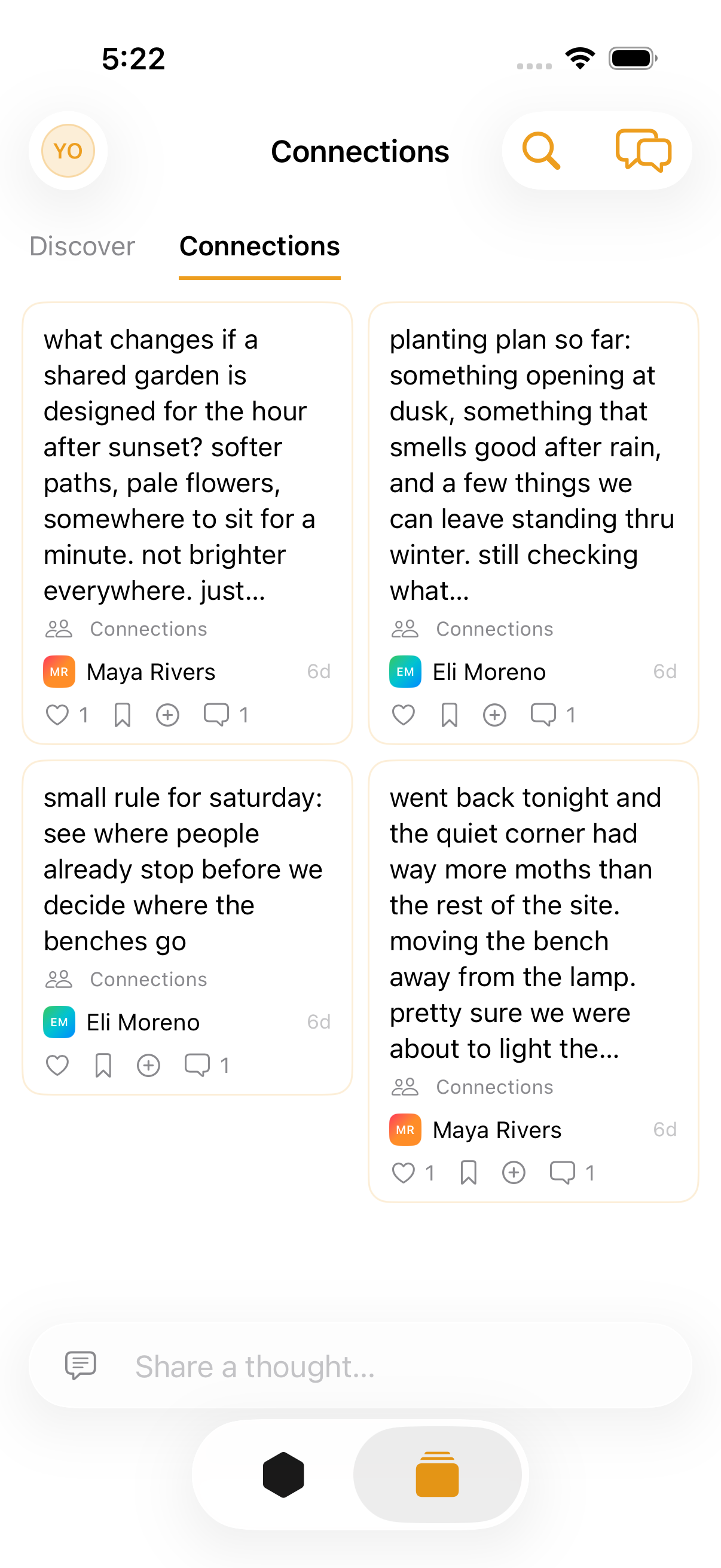 The Connections feed shows several Lantern Garden thoughts by Maya and Eli with replies and reactions.
