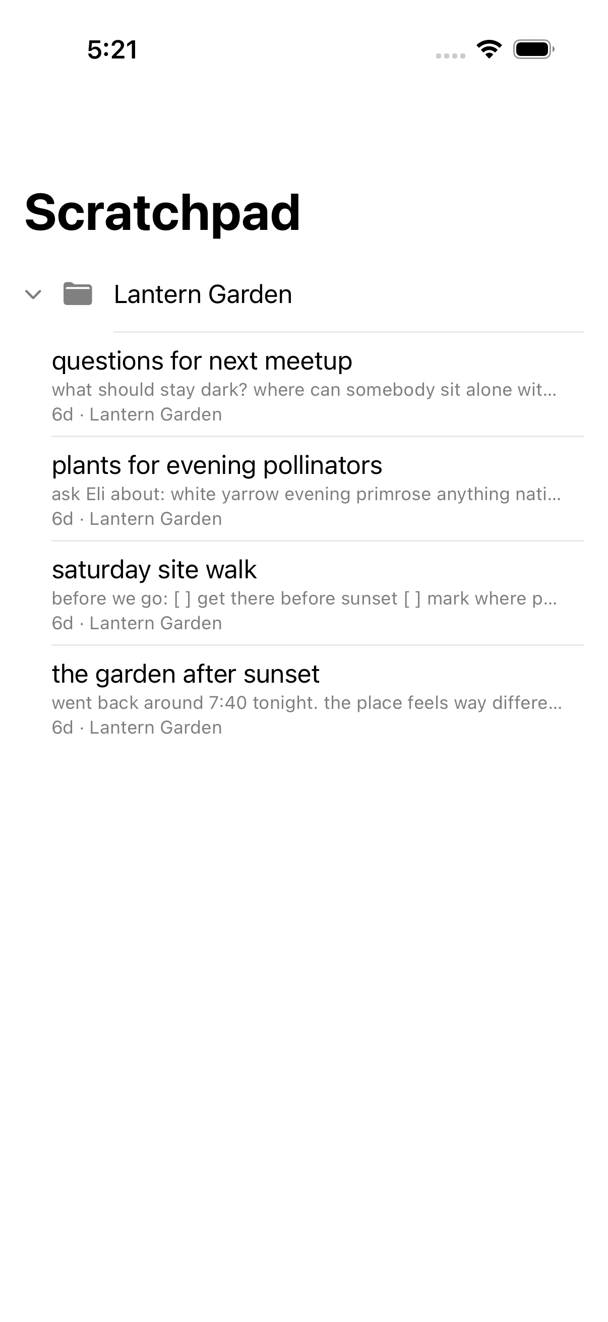 The expanded Lantern Garden folder contains four titled private notes with no placeholder entries.