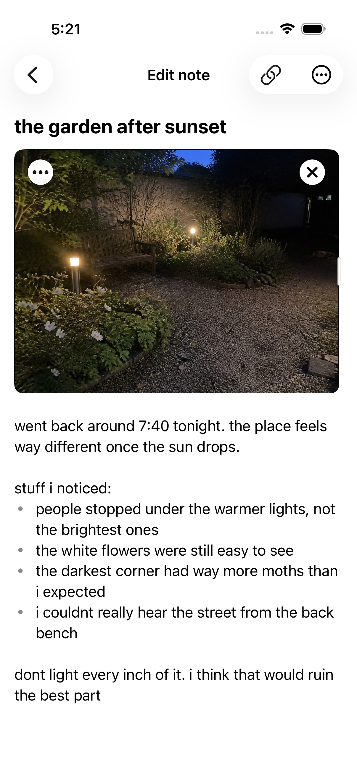 A private Lantern Garden note records what Maya noticed after sunset alongside a courtyard photograph.