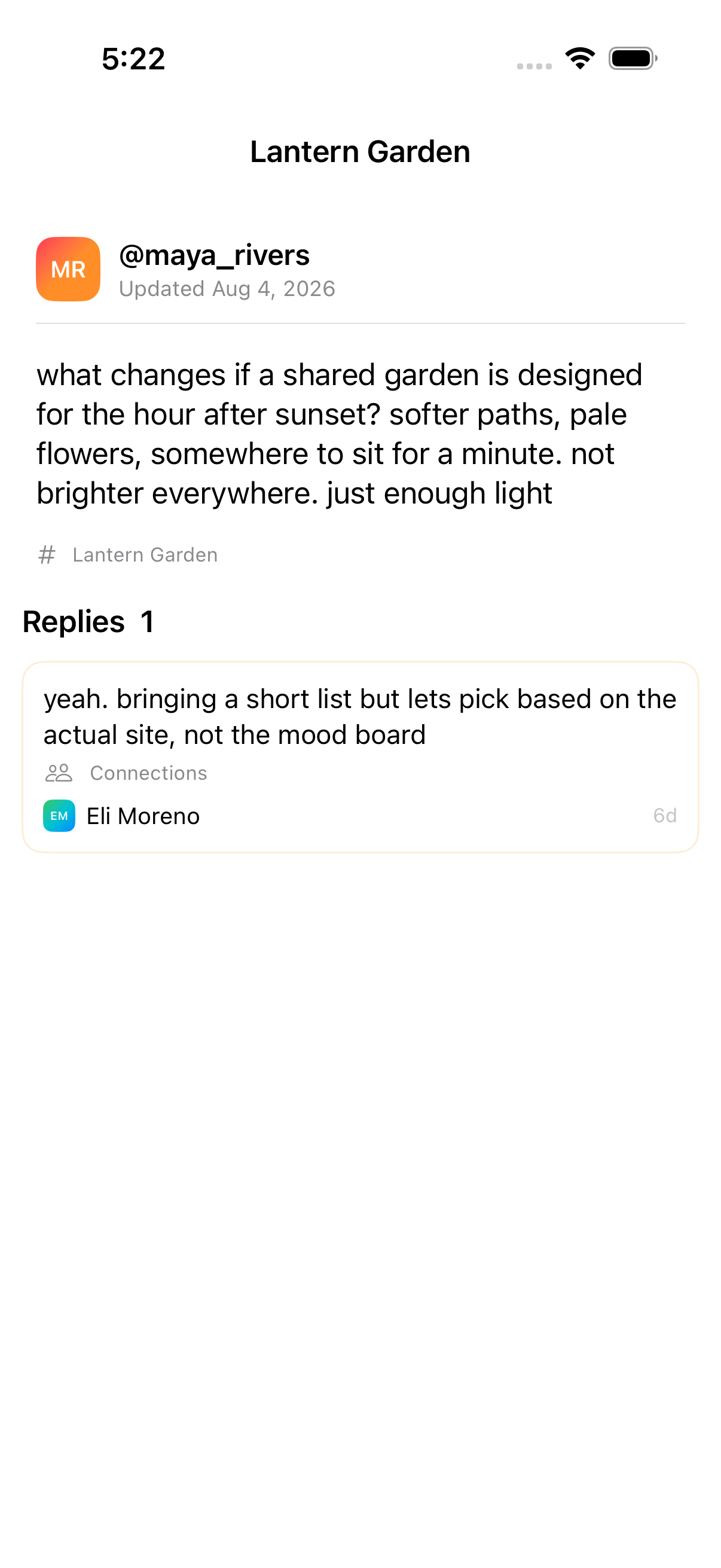 A Lantern Garden thought detail shows Maya's after-sunset idea and Eli's contextual reply.