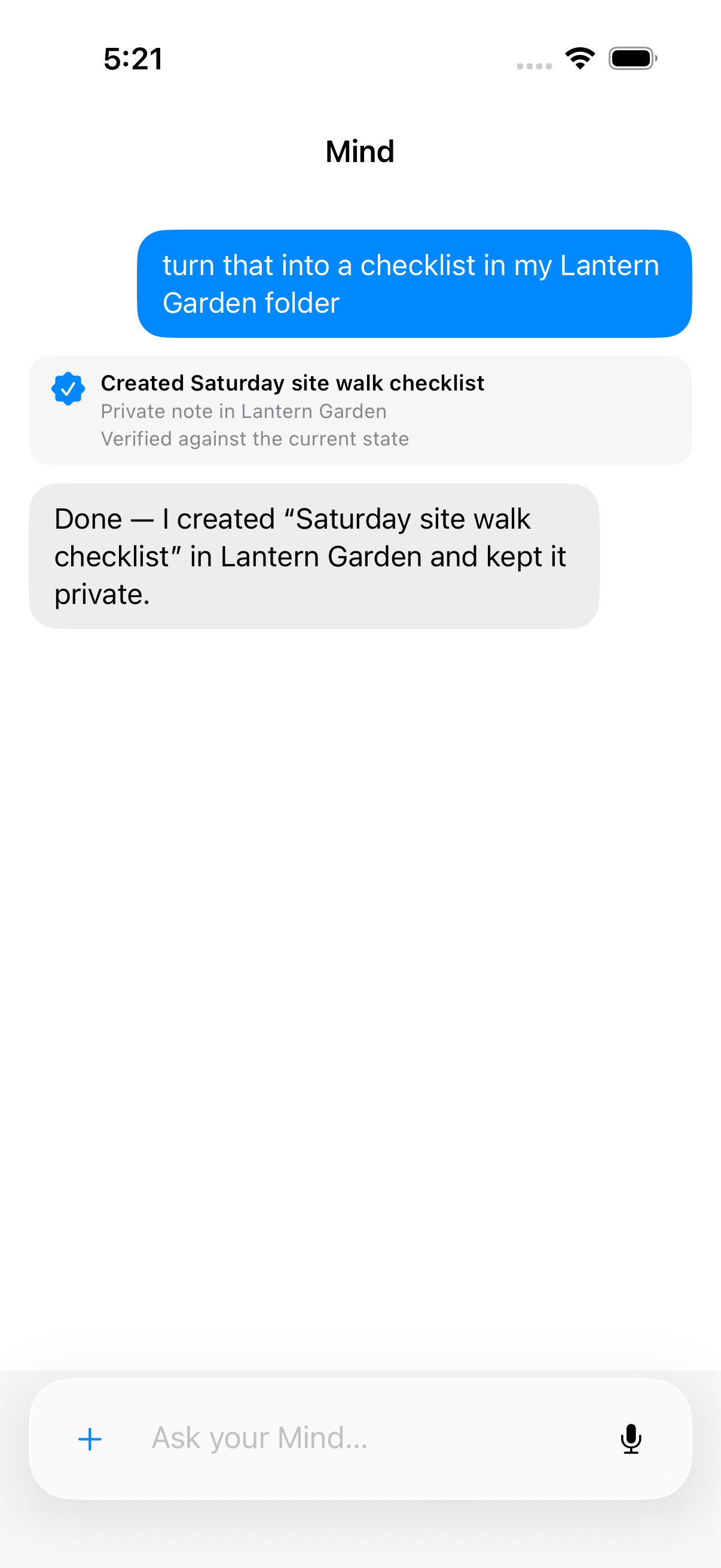 Mind shows a verified receipt after creating a private Saturday checklist in the Lantern Garden folder.