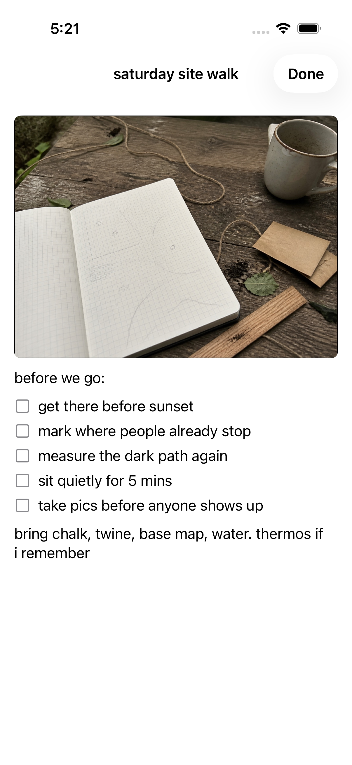 An inspectable Mind citation opens the private Saturday site-walk note and its planning-table photograph behind the synthesis.