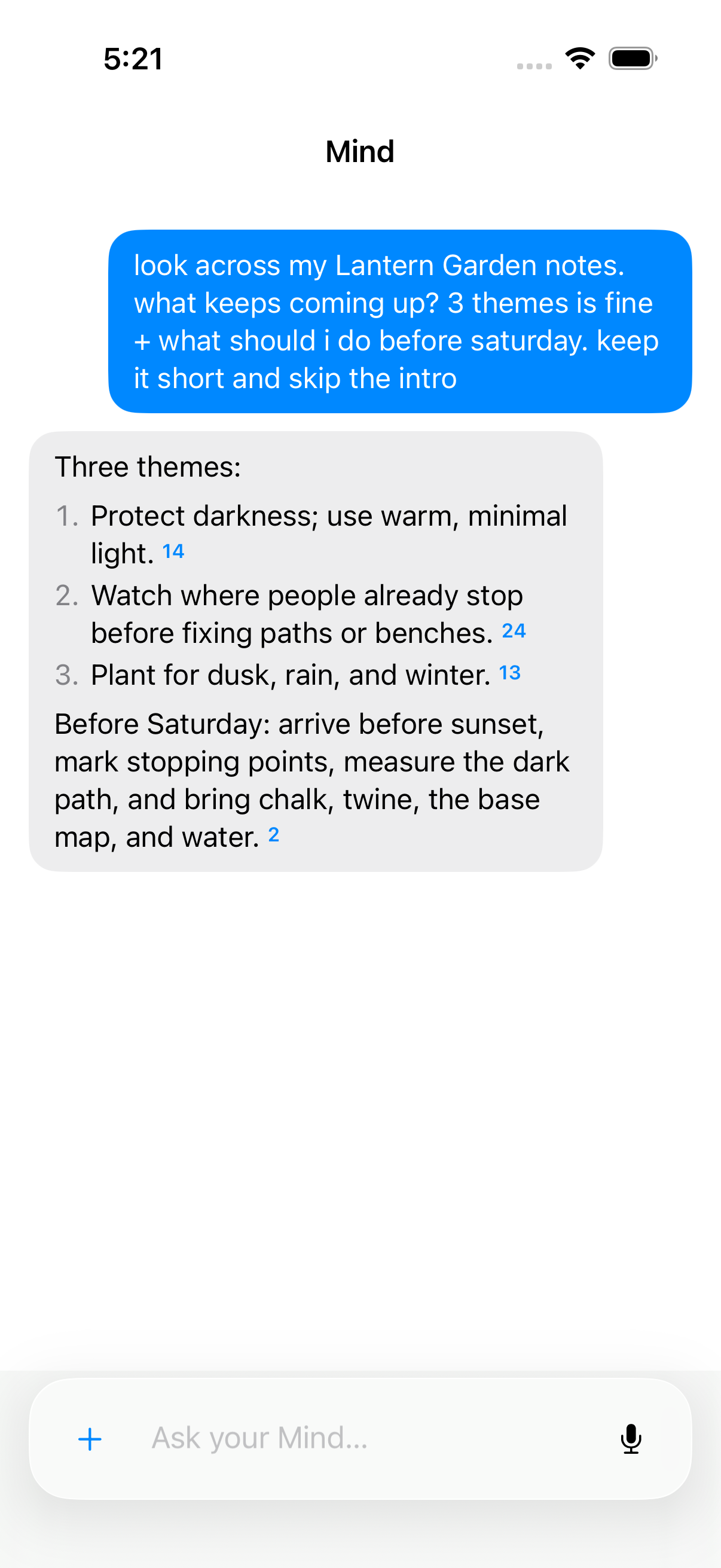 Mind synthesizes four Lantern Garden notes into three themes and a sourced Saturday plan.